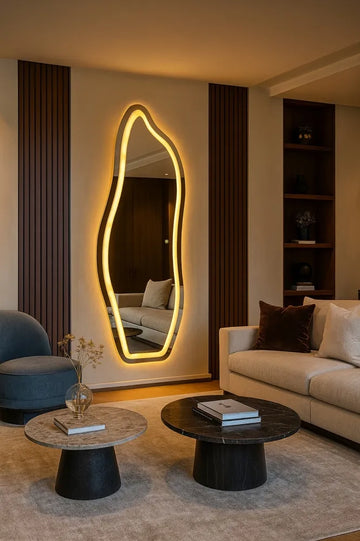 Miroir Théo – Miroir Organique Flamme E06 150x60 cm / 170x70 cm avec LED Mat Chaud 3000K